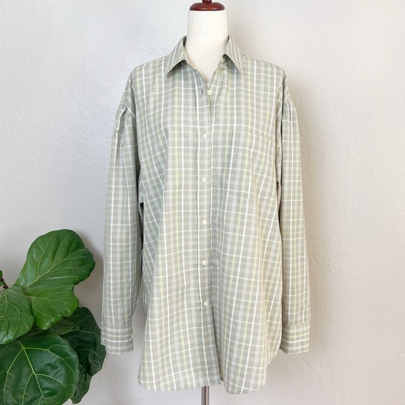•ASOS Collusion• Gray Green White Plaid Oversized Button Down Shirt Size 6 - Picture 1 of 11